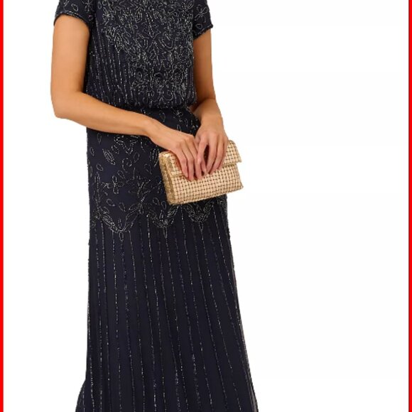 Adrianna Papell Beaded Short-Sleeve Sheer-Overlay Gown - Navy - Women's Size 10 - Picture 2 of 8